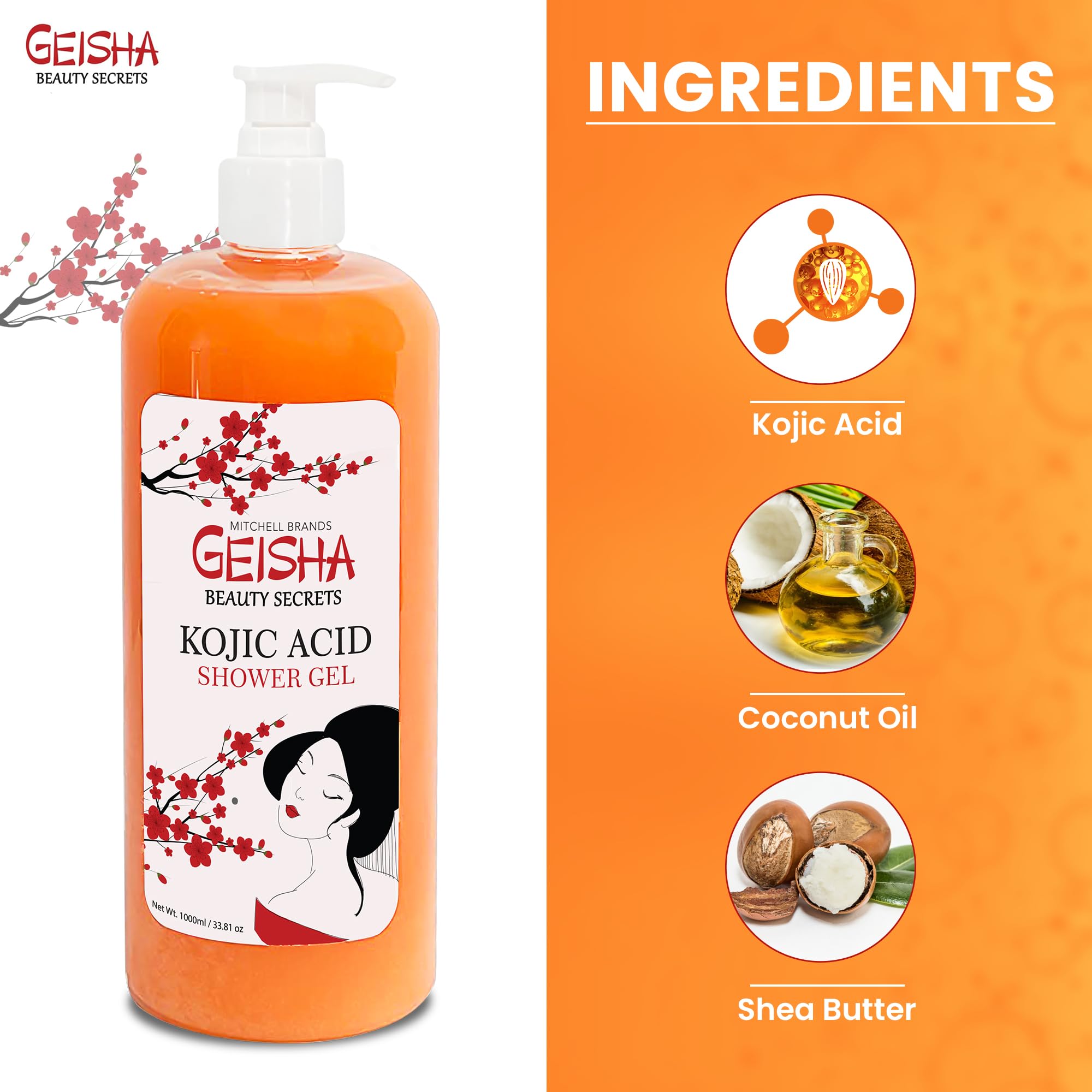 OMIC Geisha, Kojic Acid Skin Brightening Body Wash - 33 Fl oz / 1000 ml - Even Out Skin Tone, Skin Radiance, Face and Body Shower Gel, with Coconut Oil and Shea Butter